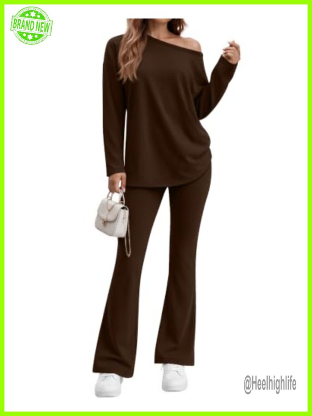 Off Shoulder Flare Pant Lounge Set Soft Knit Cozy Women's